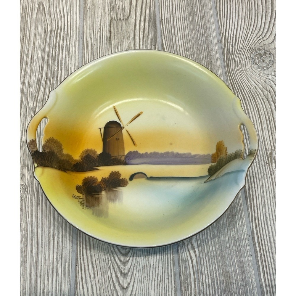 Meito China Hand Painted Windmill Landscape Porcelain Bowl Japan Vintage